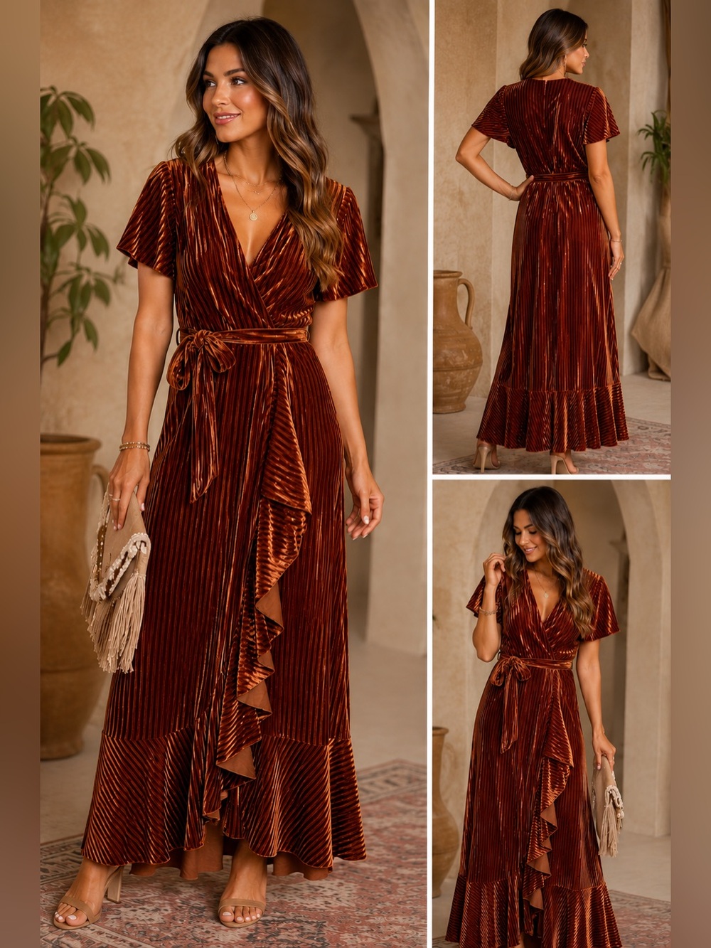 Simplee Butterfly Sleeve Ribbed Velvet Wrap Dress Like New Large